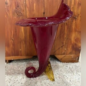 Gorgeous Large Red and Yellow Handmade 13 inch Glass Flower Vase